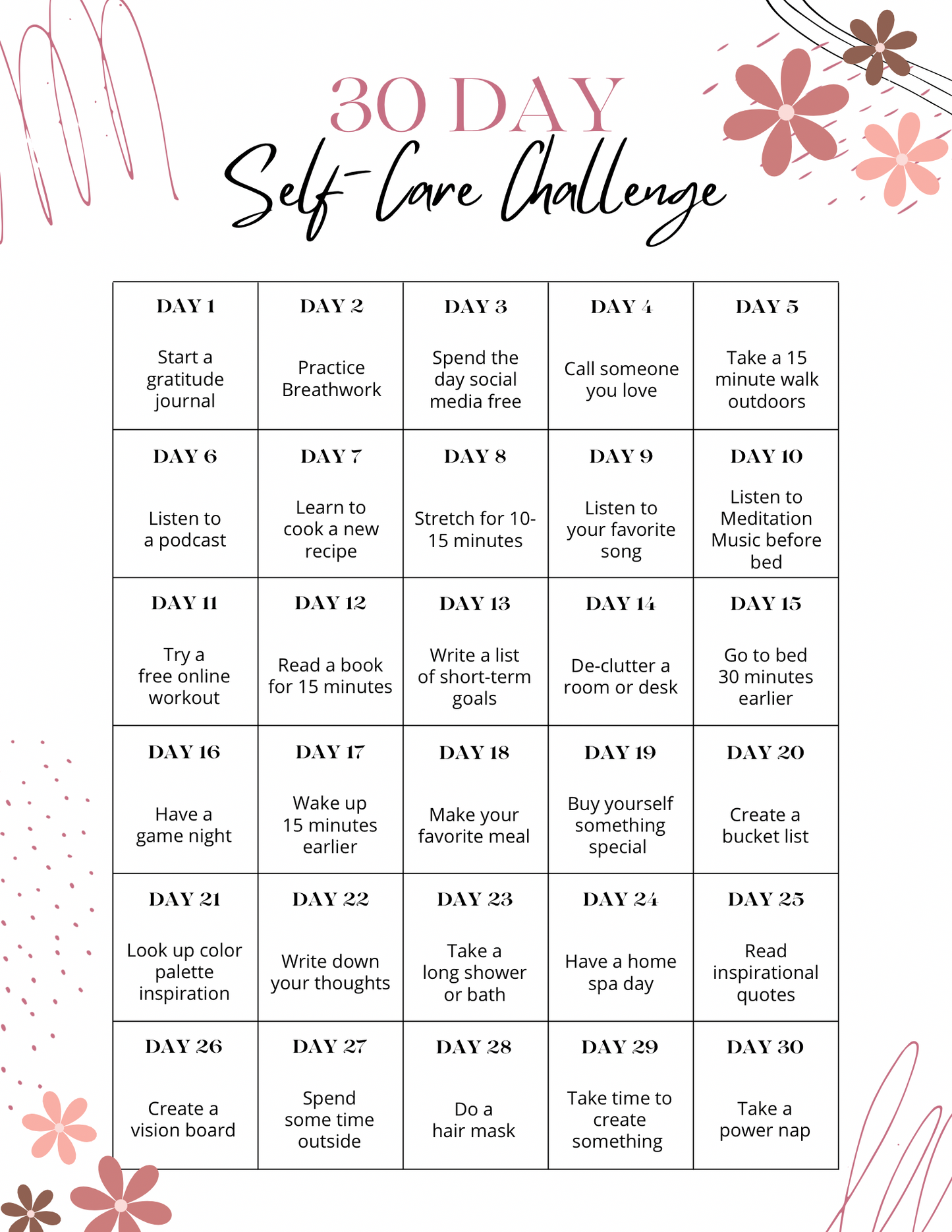 30 Day Self Care Challenge Printable